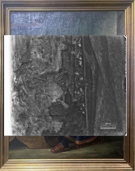 Visible image of an alchemical painting with an x-ray of the same painting overlaid.