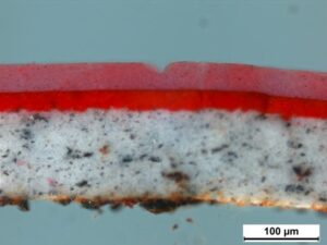 Cross section of a multi-layered paint. In this case, an automotive paint.