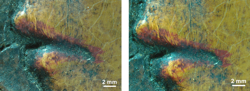 Area of interest, shown before and after taking a sample of the red paint.